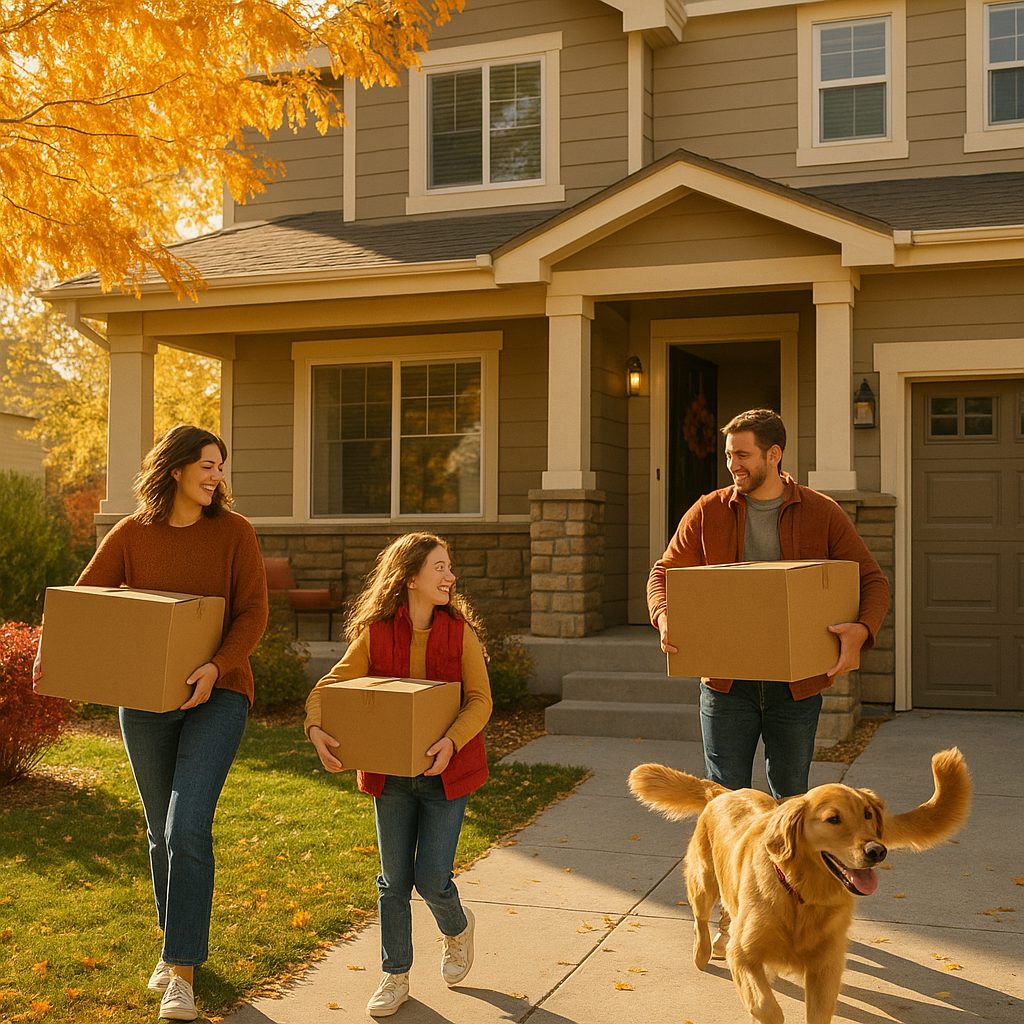 Family moving into their new home with their dog